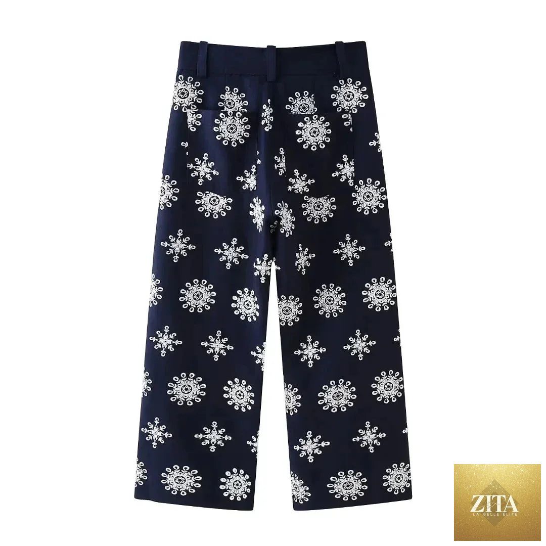 Ladyez floral embroidery cropped pants for women, navy blue summer casual pants with zip, stylish and comfortable women's fashion pants.