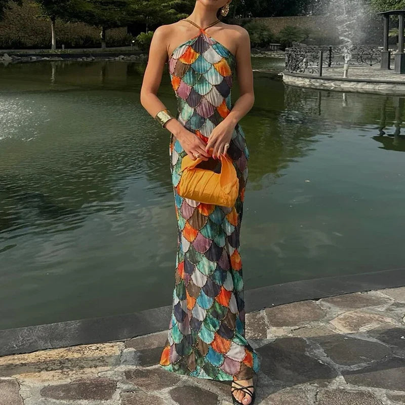 Elegant colorful full-length backless halter bodycon dress by FLIPSTYLEZLLC, featuring off-shoulder style and slim fit for evening parties.