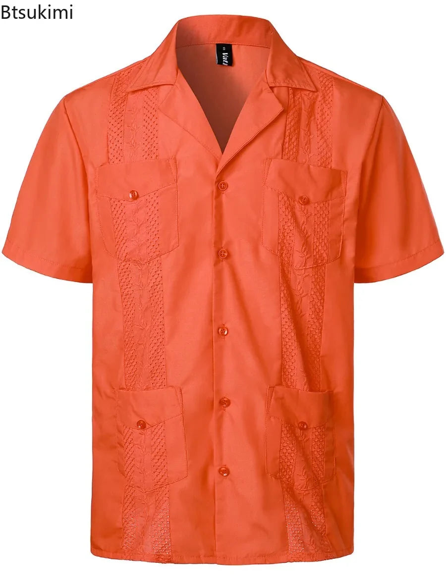 Men's Cuban Shirts Multiple Pockets Lapel Short Sleeves Cardigan
