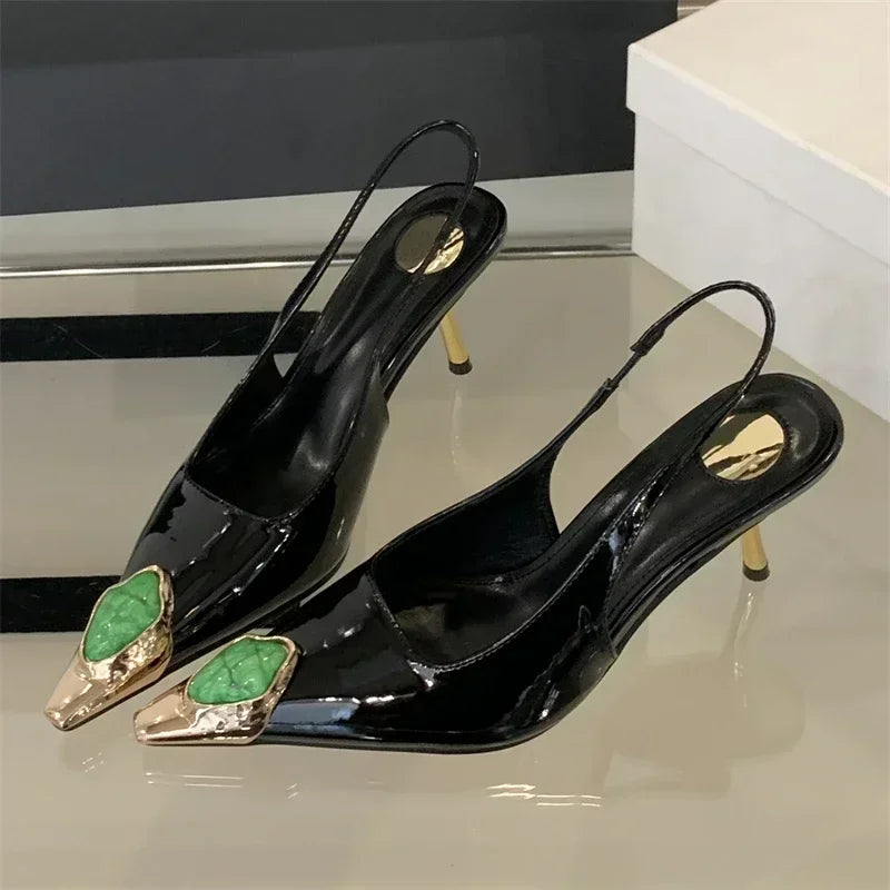 LadyShow Store metal square head diamonds women’s pumps sandals with low heels, street style design, elegant and sexy for banquets