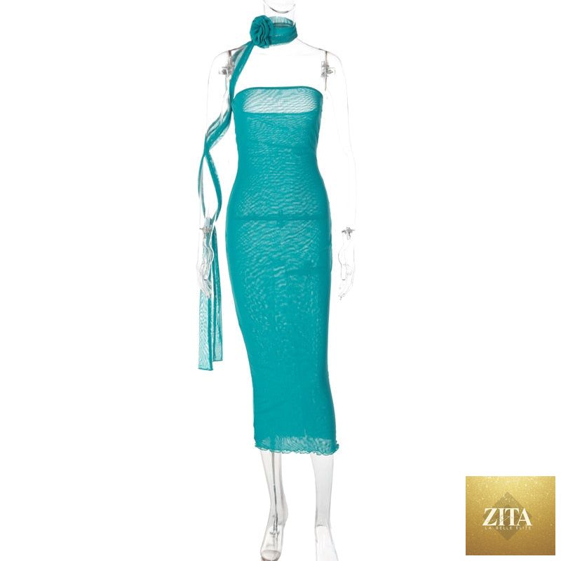 Mesh Flower Scarf Strapless Solid Elegant Sexy Bodycon Midi Prom Dress