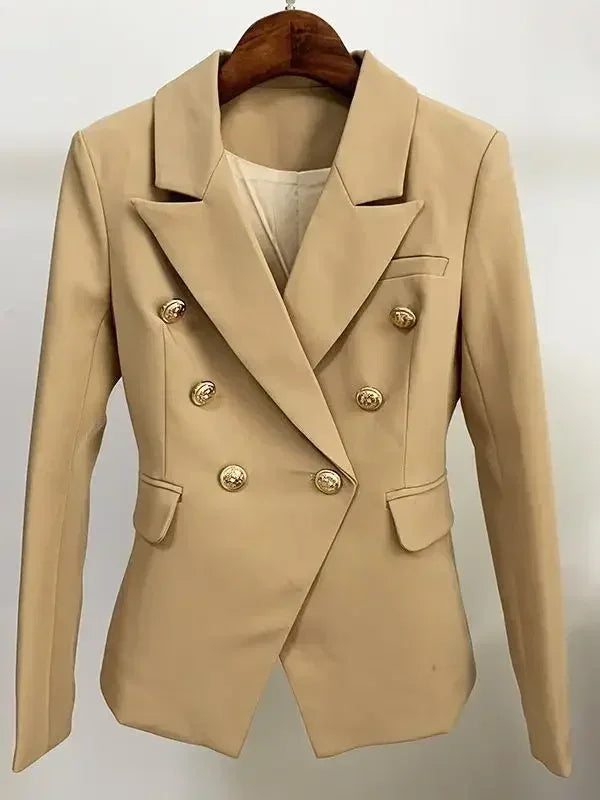 Women’s leather blazer by Femstylo featuring double-breasted design with metal lion buttons, stylish outerwear in size S-5XL.