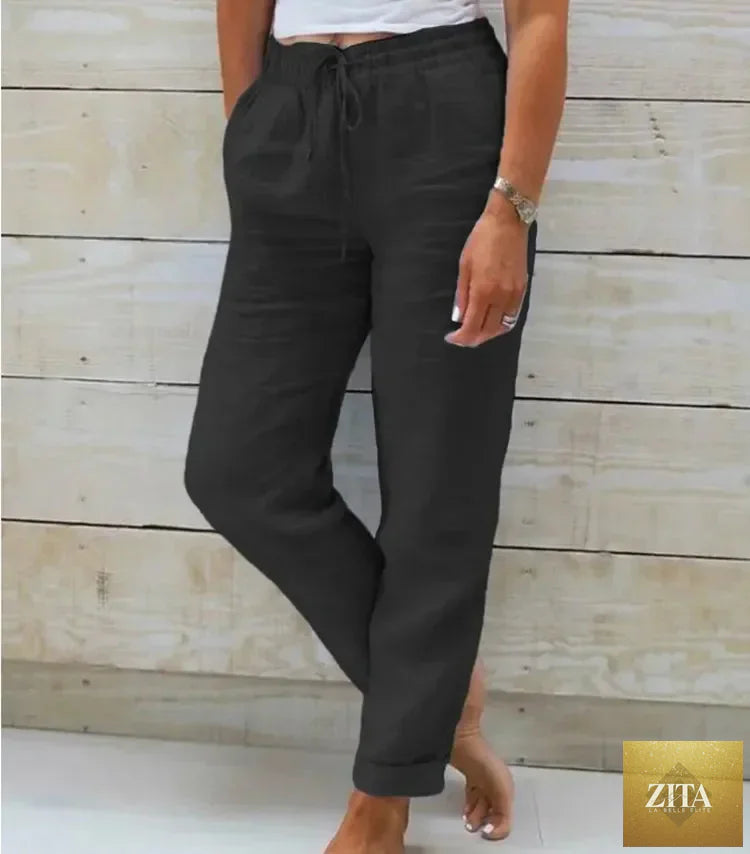 Ladyez women's high waist cotton linen summer pants with elastic waistband, casual loose pencil trousers in solid color.