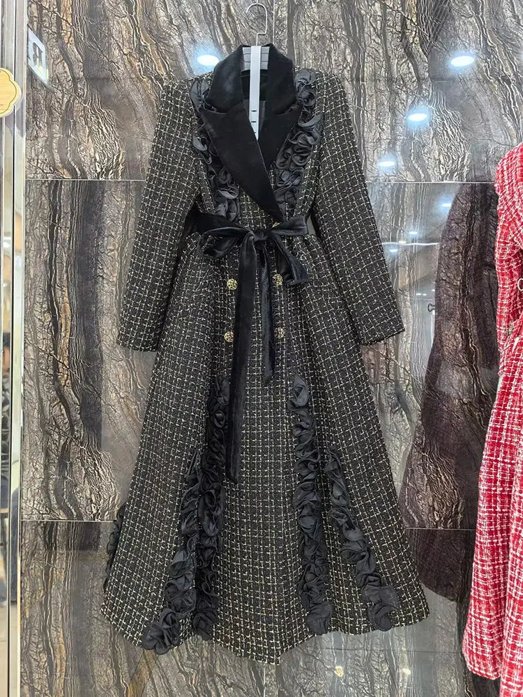 MoaaYina Winter Gray Black Coat With Grid Pattern And Double Breasted Lace Up Coat With Fungus Edge S-4XL ZITA LA BELLE ÉLITE