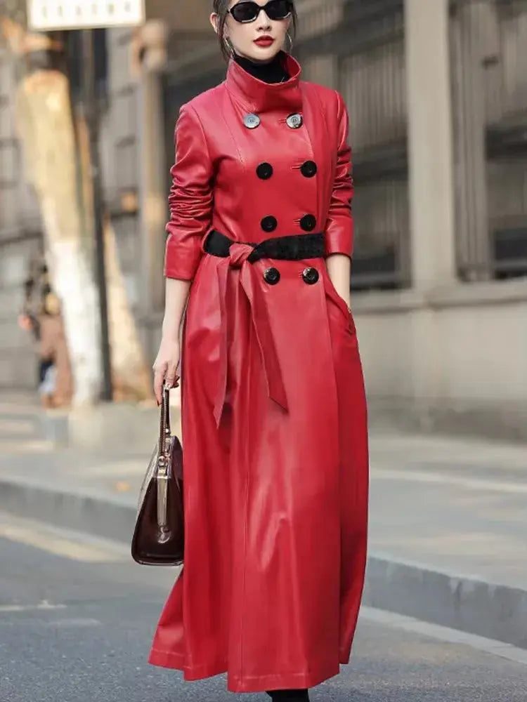 Mauroicardi Spring Autumn Extra Long Soft Pu Leather Trench Coat for Women Sashes Double Breasted Elegant Luxury Chic Overcoat ZITA LA BELLE ÉLITE