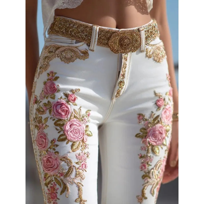 Women's European American Style Floral Print Jeans Straight Leg Casual Denim Pants