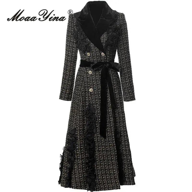 MoaaYina Winter Gray Black Coat With Grid Pattern And Double Breasted Lace Up Coat With Fungus Edge S-4XL ZITA LA BELLE ÉLITE
