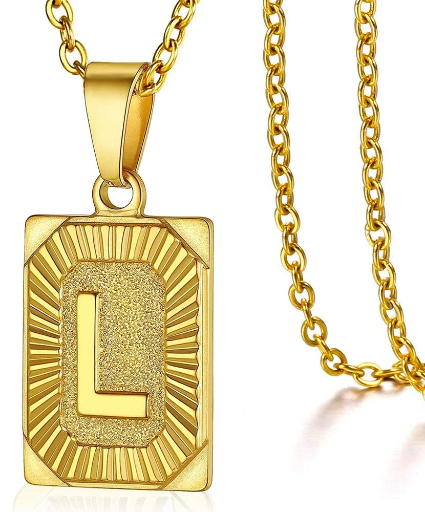 Simple stainless steel initial pendant necklace with cube link design, suitable for women and men, perfect for couples jewelry.