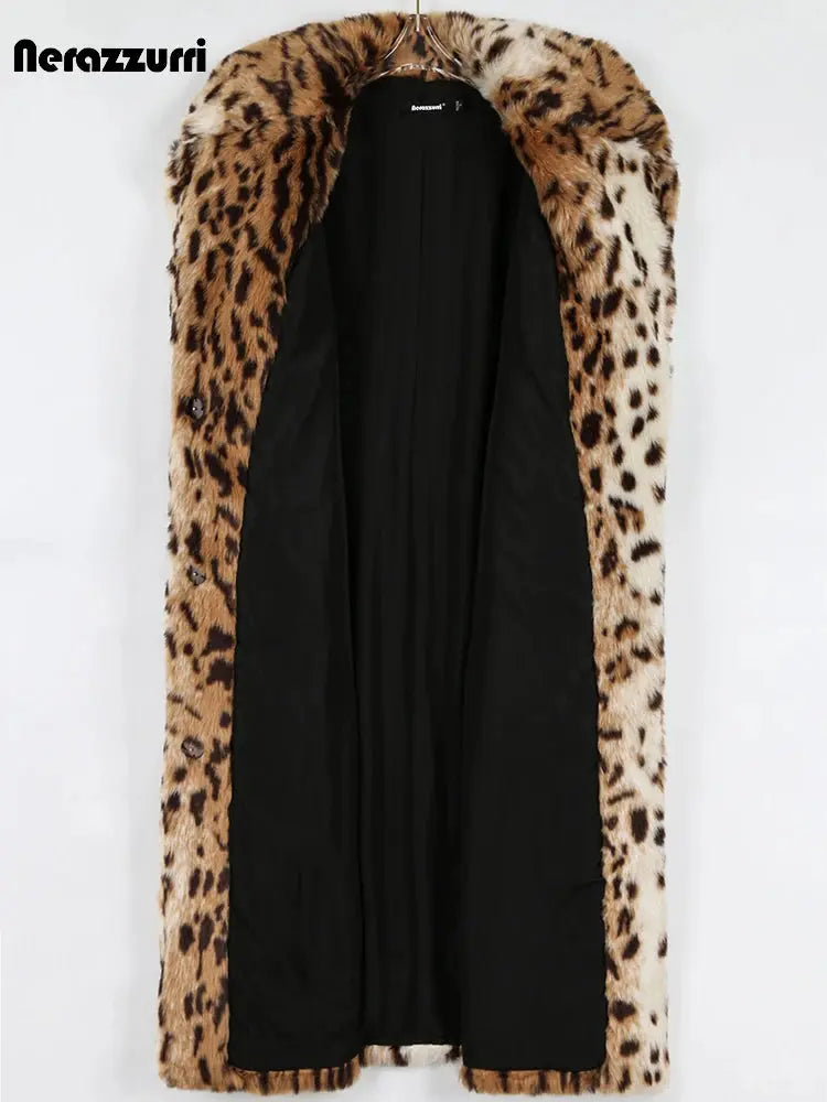 Nerazzurri Winter Long Loose Luxury Thick Warm Soft Fluffy Leopard Print Faux Fur Coat Women Lapel Runway European Fashion 2022 ZITA LA BELLE ÉLITE