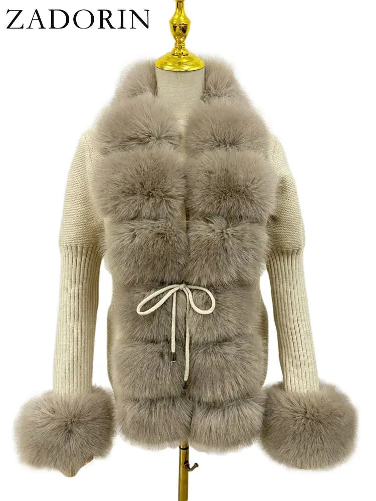 ZADORIN Fall Winter Women Faux Fur Coat Luxury Knitted Sweater Fur Cardigan Detachable Collar White Pink Jacket Faux Fur Coats ZITA LA BELLE ÉLITE