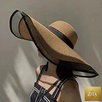 Women Sun Hat Big Eaves Waves Beach Cap Ladies Hat Big Brim Sun Visors UV Cut Bucket Panama Cap Foldable Straw Sunscreen Vintage