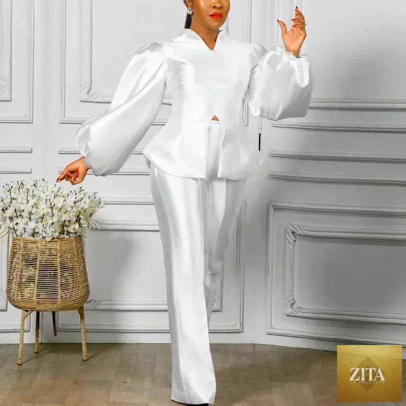Elegant office ladies 2-piece pants set with solid satin blouse and long trousers, high-quality luxury female outfit by FLIPSTYLEZLLC