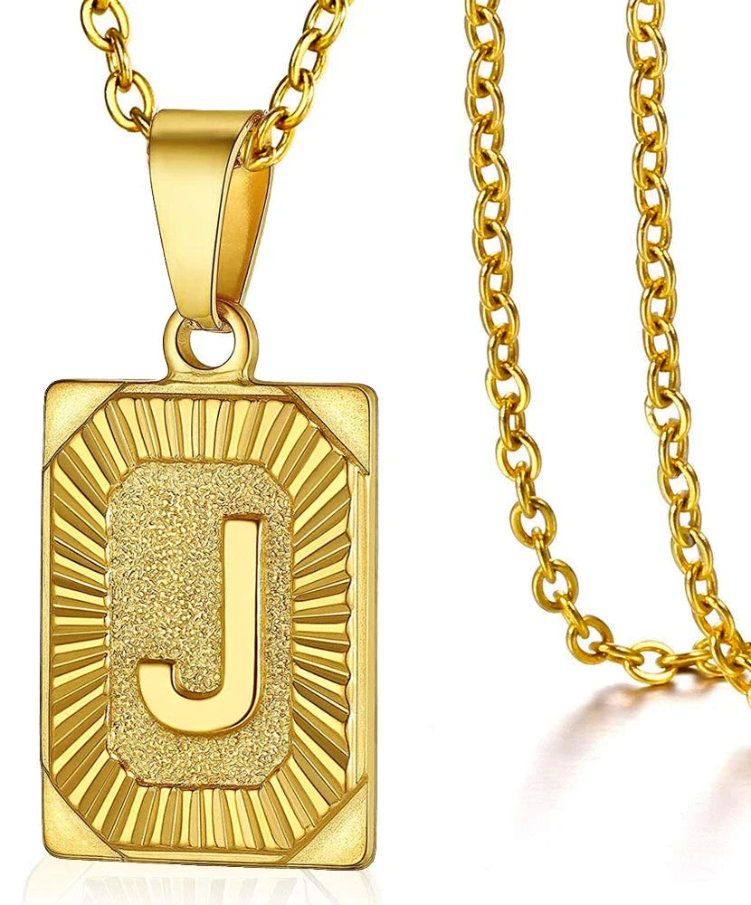 Simple stainless steel initial pendant necklace with Cuba link chain, stylish square charm for women and men jewelry.