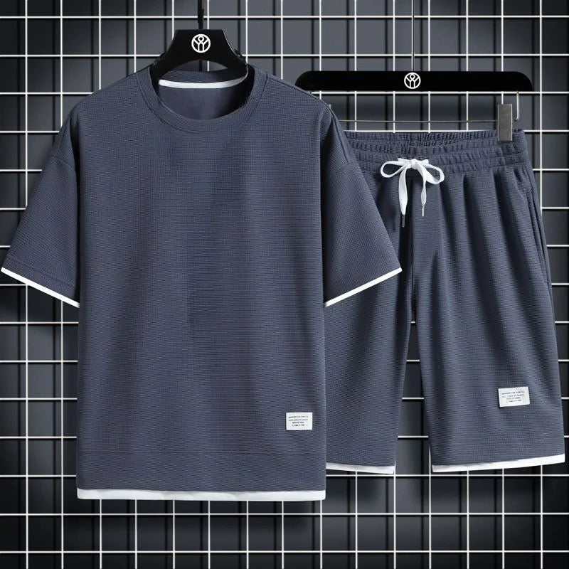 Men's waffle fabric summer casual tracksuit set by THRIXINE, featuring a comfortable activewear design perfect for warm weather.
