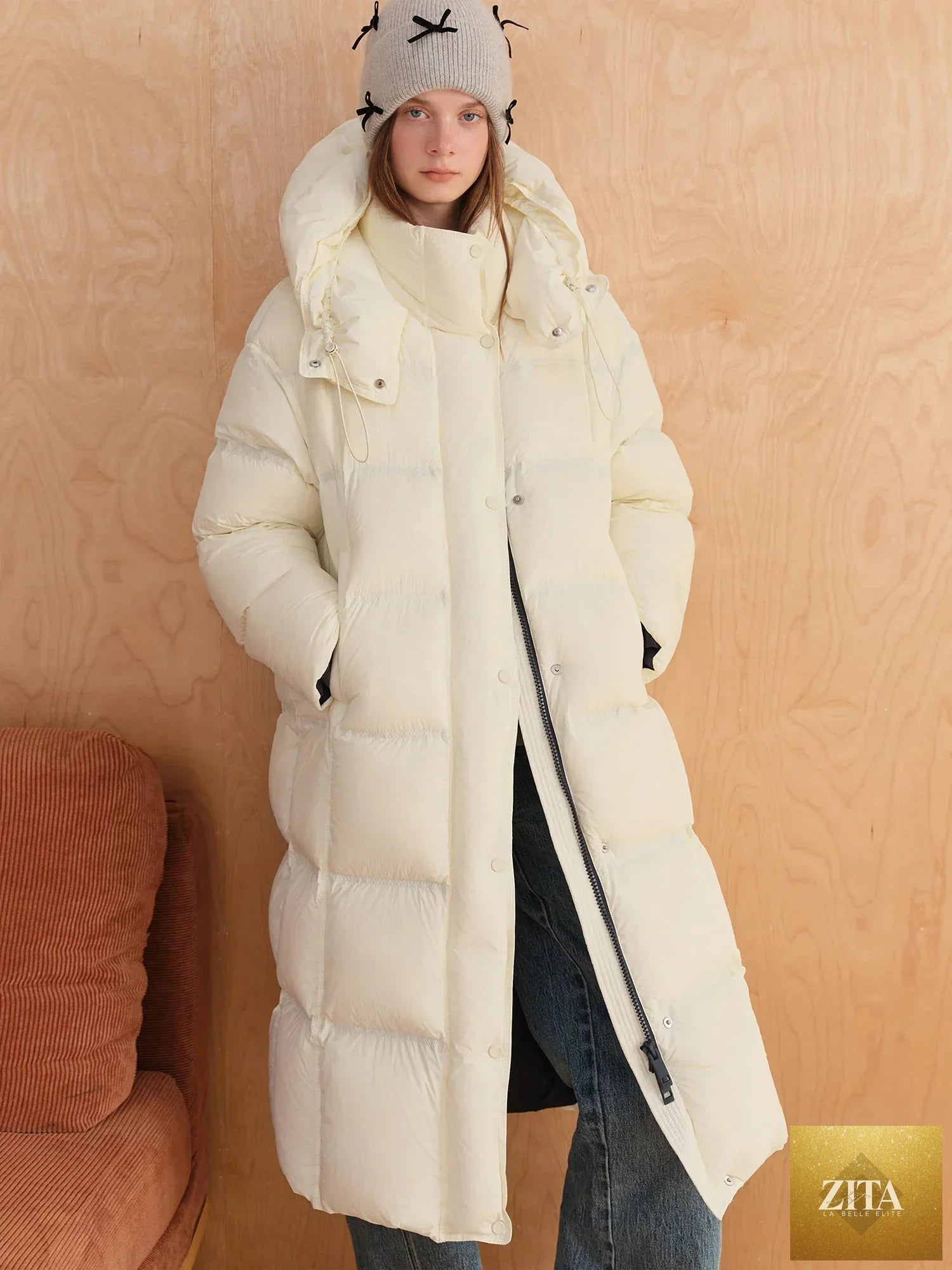 FSLE 2025 Winter New Women's Long Puffer Down Coat with Hood Two-Tone Color Block Thermal Insulated Jacket Heavy Warm Outerwear