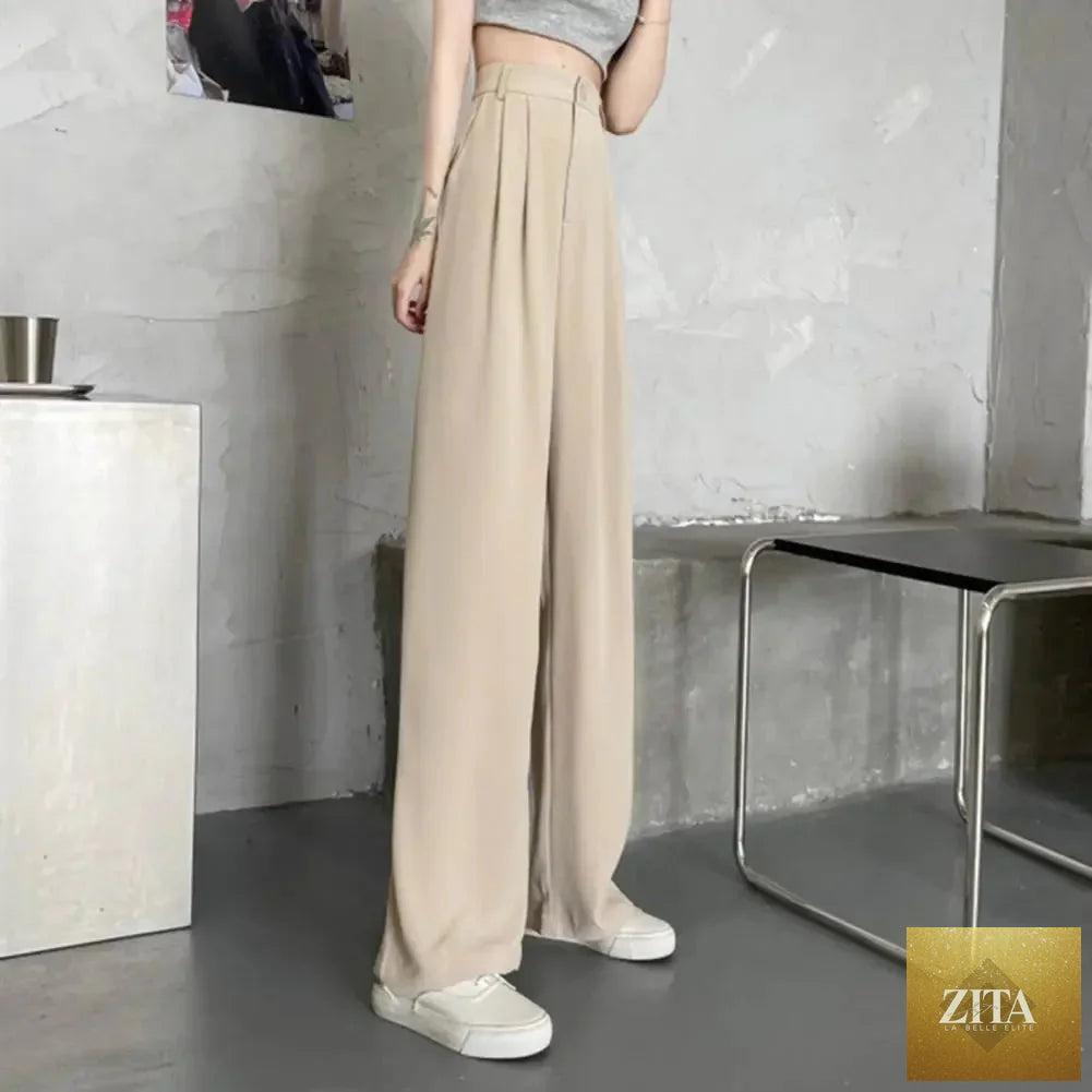 Women’s high waist straight wide-leg trousers by Ladyez with solid color, elastic waist, slant pockets, and loose fit for office wear.
