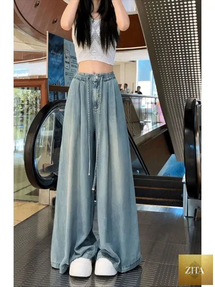Women Wide Leg Jeans – Summer 2024 Drape Elastic Boyfriend Trousers
