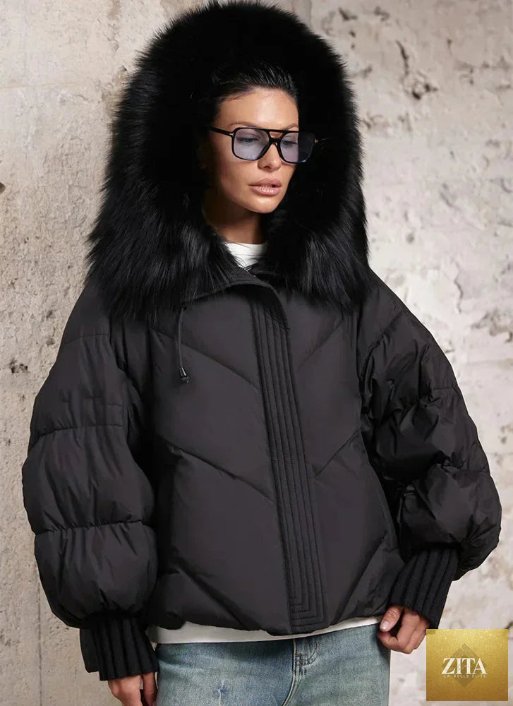 Women Winter Goose Down Jackets Real Fox Fur Collar Hooded Thick Natural Raccoon Fur Female Outwear Warm Loose Puffer Coats