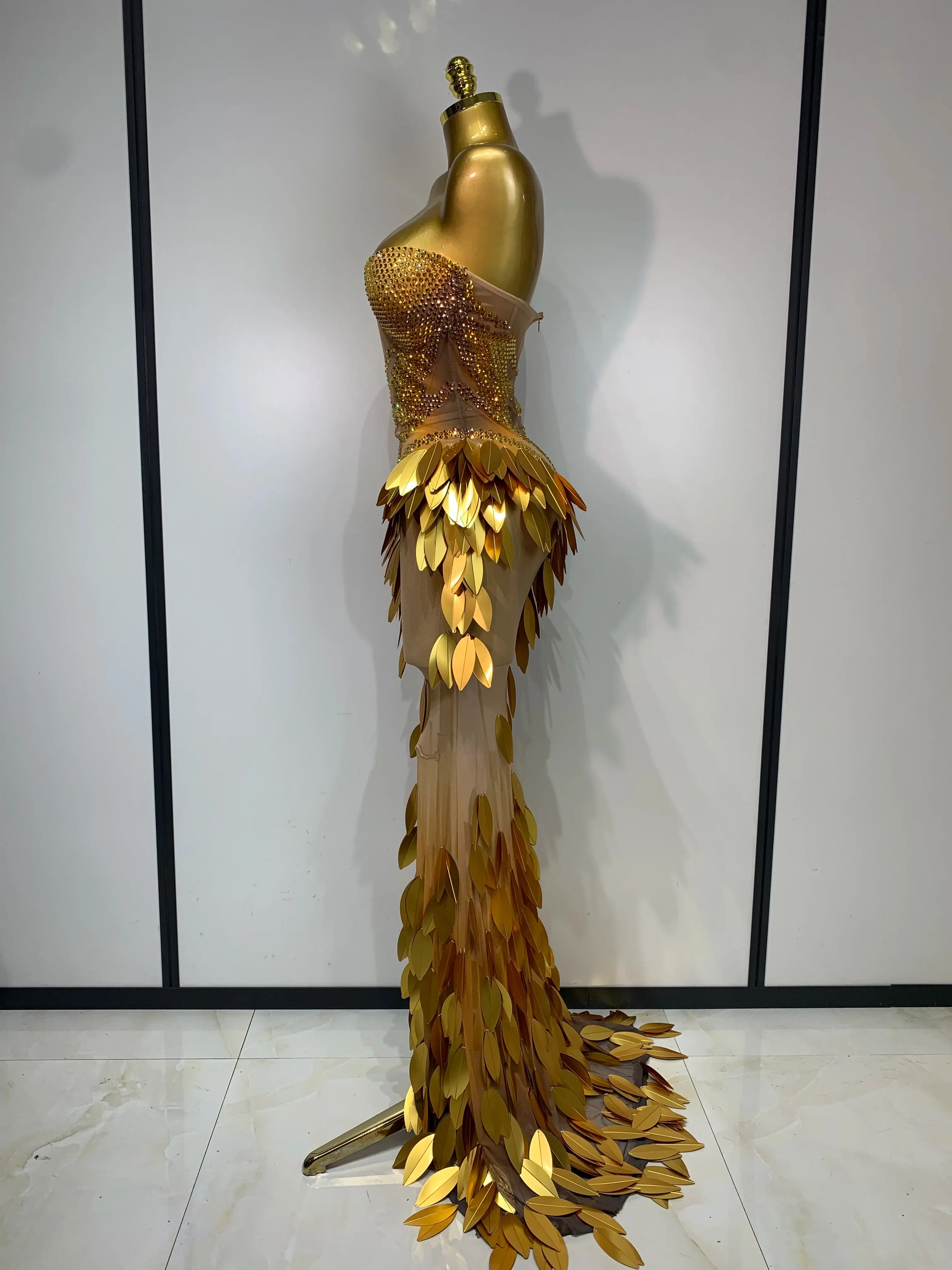 Women’s gold sequin mesh maxi dress by FLIPSTYLEZLLC, strapless evening gown with rhinestones, perfect for parties and special occasions.
