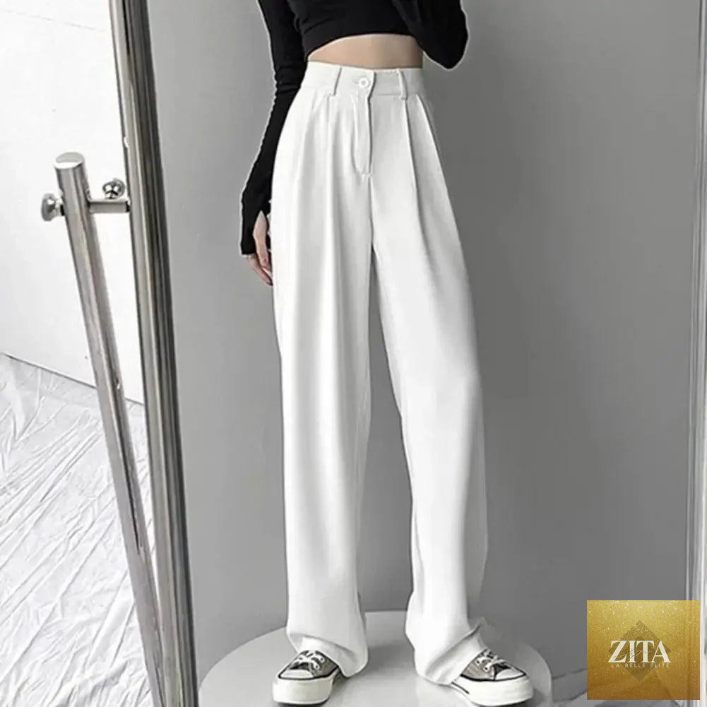 Women’s high waist wide-leg trousers by Ladyez, solid color office pants with elastic waistband and slant pockets.
