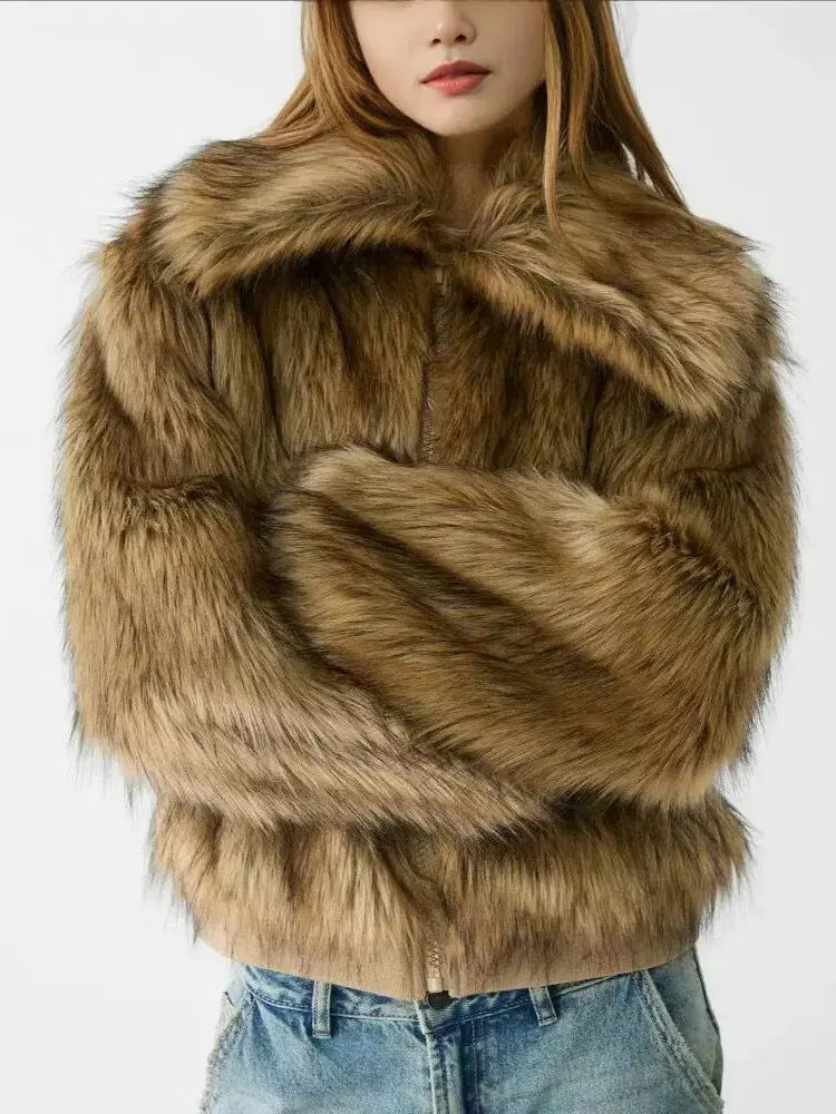 Fluffy Lapel Jackets for Women, Long Sleeves, Casual Zipper Jackets, Luxury Faux Fox Fur, Loose, Thick, Warm,Street Coats,Winter ZITA LA BELLE ÉLITE