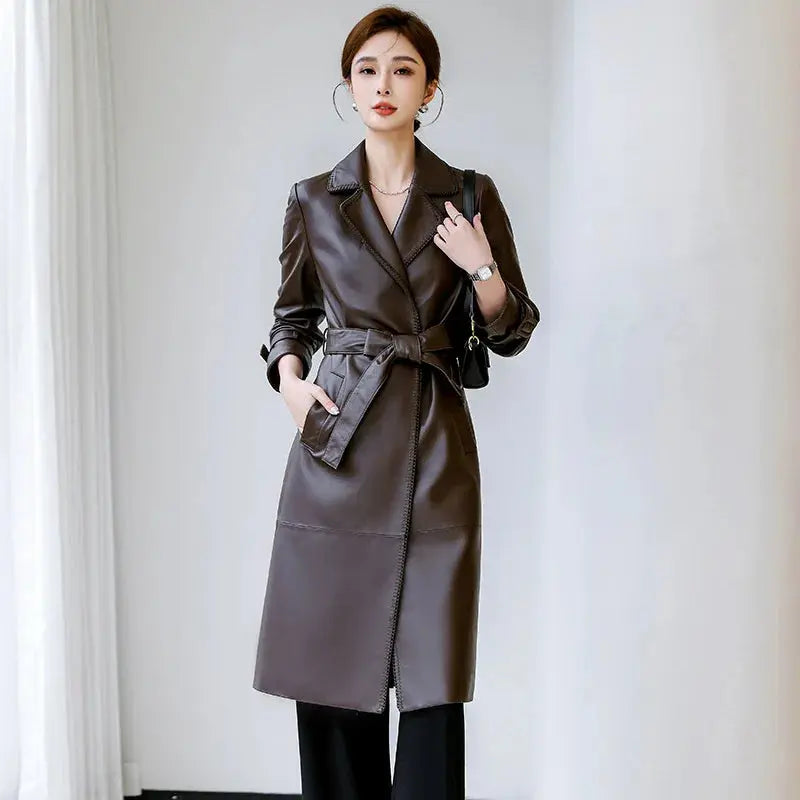 Women's Genuine Leather Trench Coat Lace-Up Long Slim Fit Spring Autumn Sheepskin Top ZITA LA BELLE ÉLITE