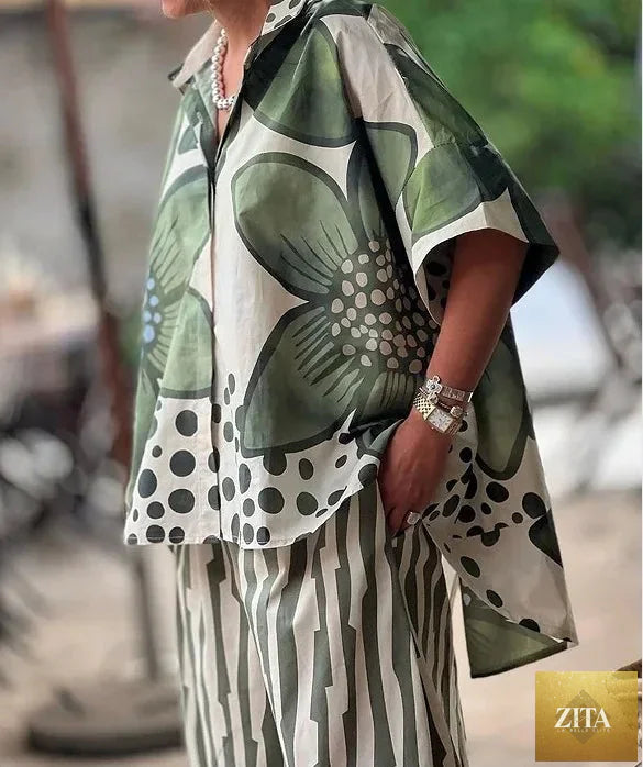 2 Piece Sets Women Summer Print Loungewear Long Pants Sets Vintage