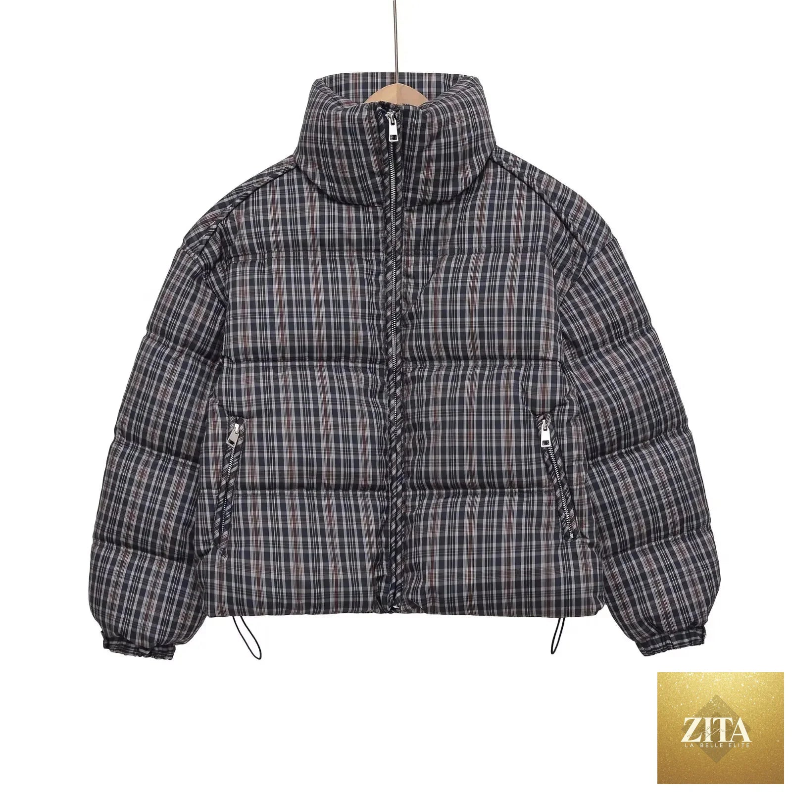 Stylish Plaid Puffer Anorak for Women Winter Brown Padded Jackets High Neck and Long Sleeves Zipper Outwears with Adjustable Hem