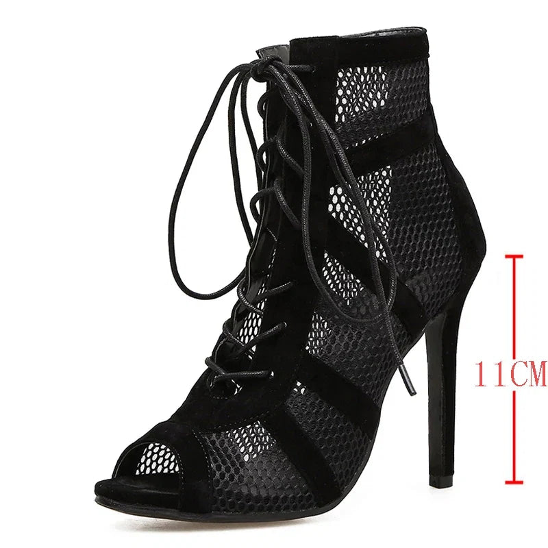 Black LadyShow.Store lace-up cross-tied open toe high heels with ankle strap, thin heels, and hollow-out design for women.