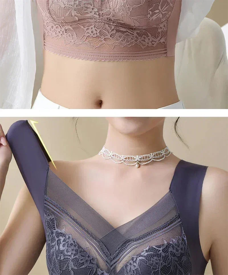 Femstylo women's large ice silk push-up bra with lace, seamless wireless design, plus size summer lingerie, upper bralette.