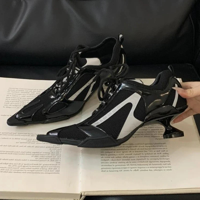 Silver lace-up women's sports heels with pointed toes, mesh design, elegant punk style, luxury brand pumps by LadyShow.Store