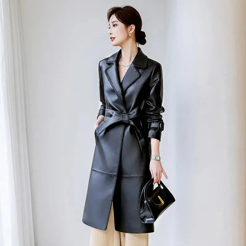 Women's Genuine Leather Trench Coat Lace-Up Long Slim Fit Spring Autumn Sheepskin Top ZITA LA BELLE ÉLITE