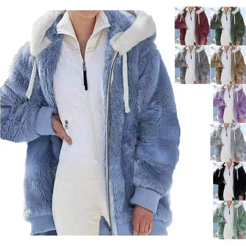 Women’s winter faux fur jacket by LadyShow.Store, plush hooded fleece coat with zipper, soft and thick casual fashion outerwear.