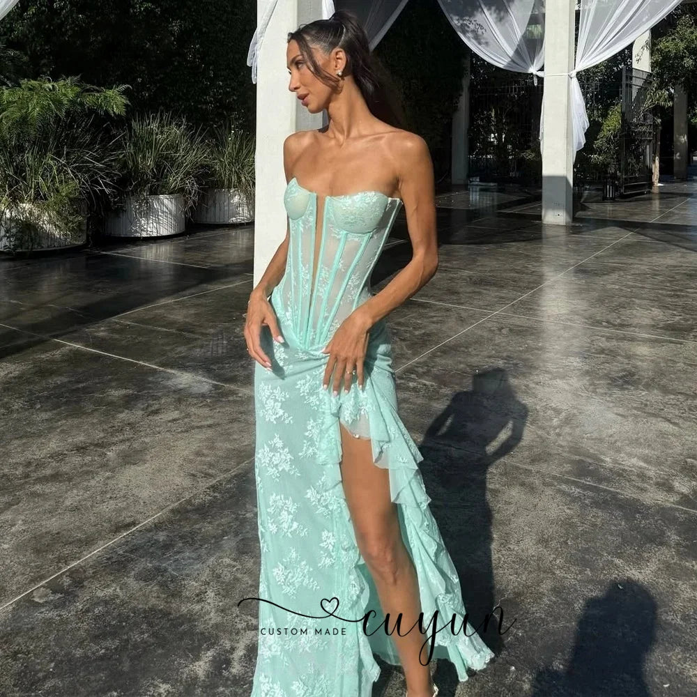 Elegant black luxury lace prom dress for women with high slit, corset back, long floor-length design for summer evening events.