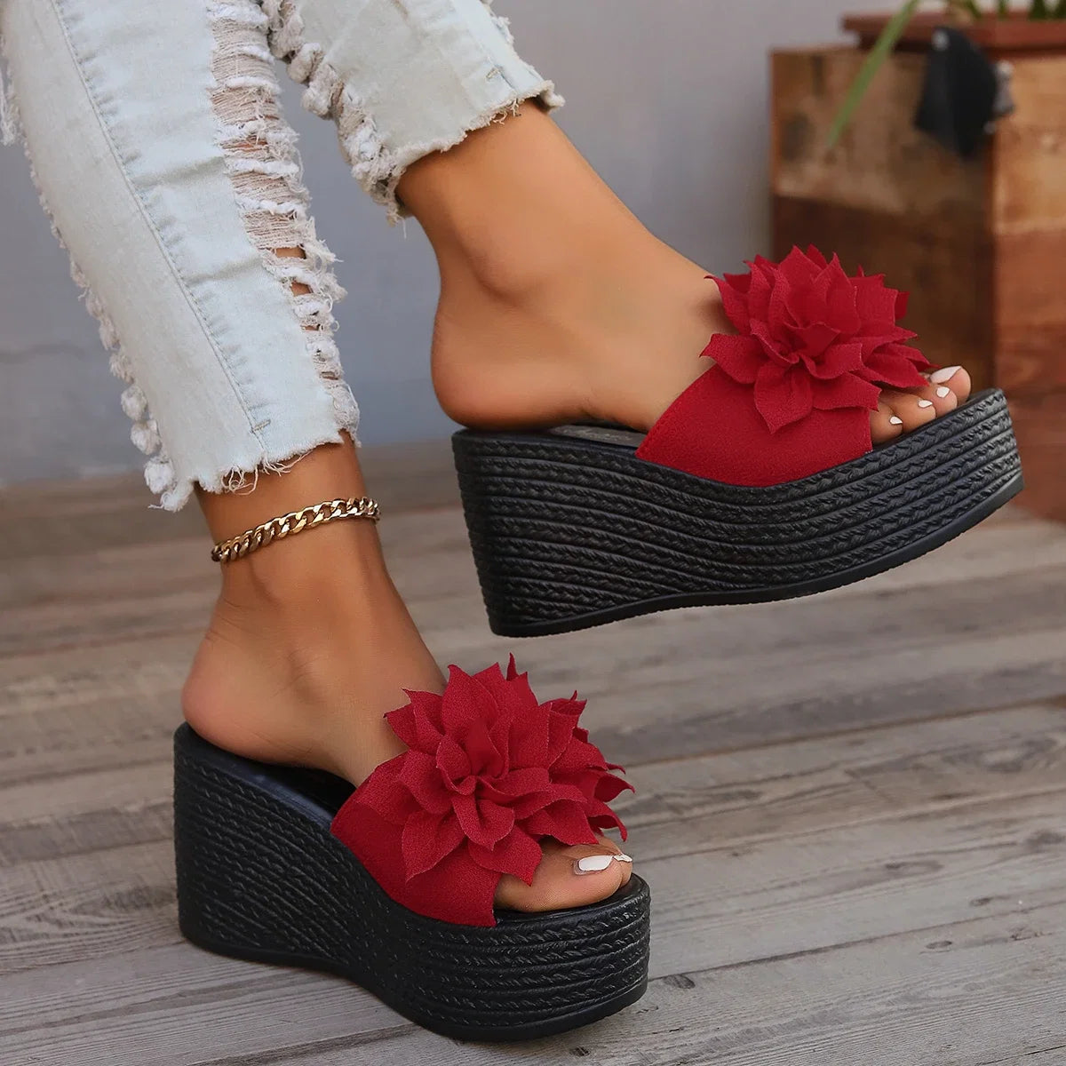 Women’s summer platform slippers with flower design, high heel wedges, casual beach sandals, by LadyShow. Store.