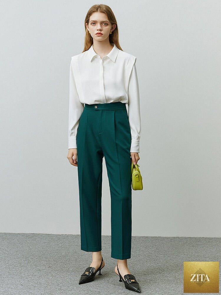 Tapered nine-point women's pants from nowadaysfashion featuring a straight, loose fit, casual suit style in neutral fabric.