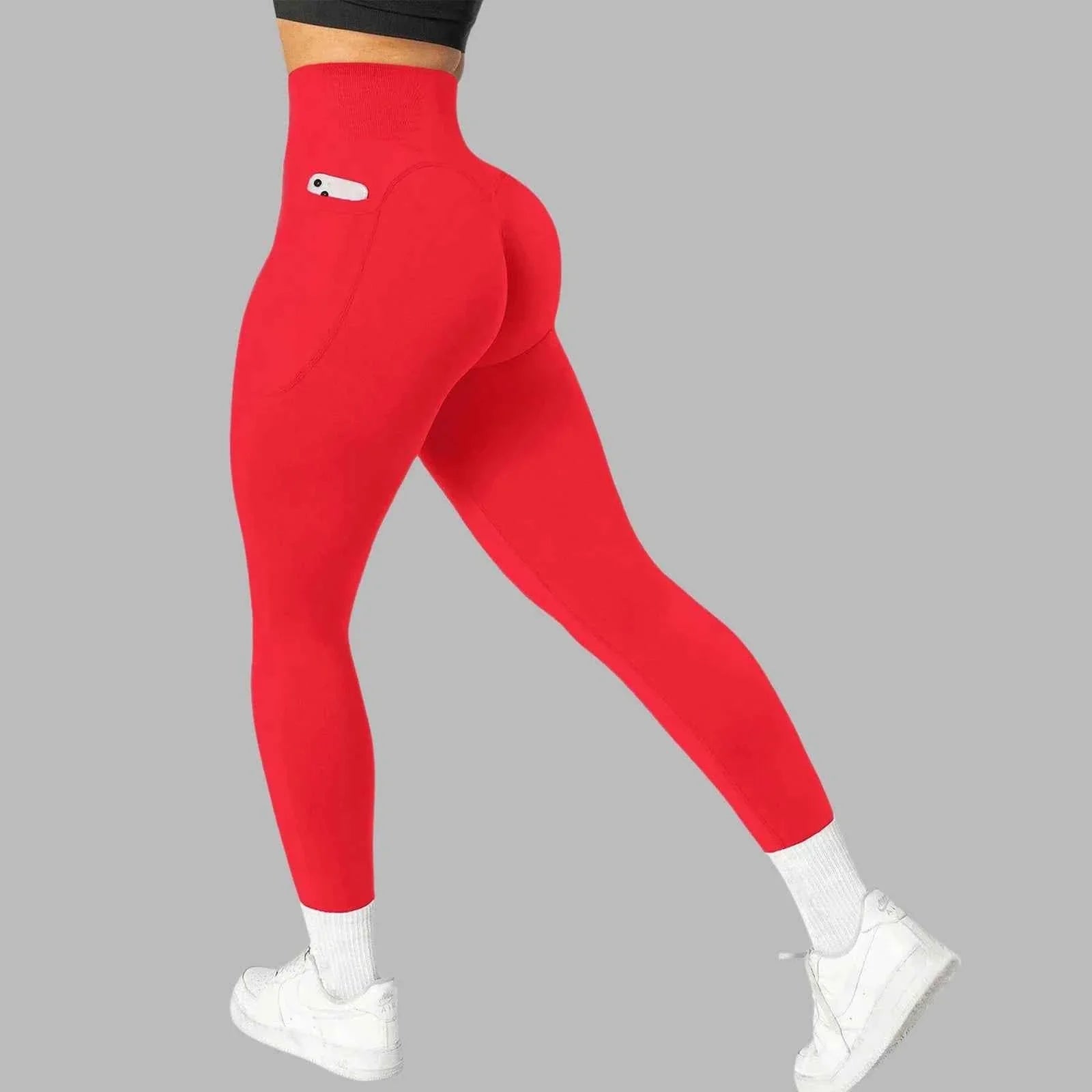 Women's seamless pocket yoga leggings by THRIXINE, shown with a close-up of soft stretchy fabric and side pocket detail.