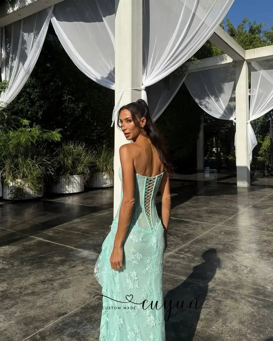 Elegant black luxury lace prom dress with high slit, corset back, long floor-length evening gown for women by FLIPSTYLEZLLC.