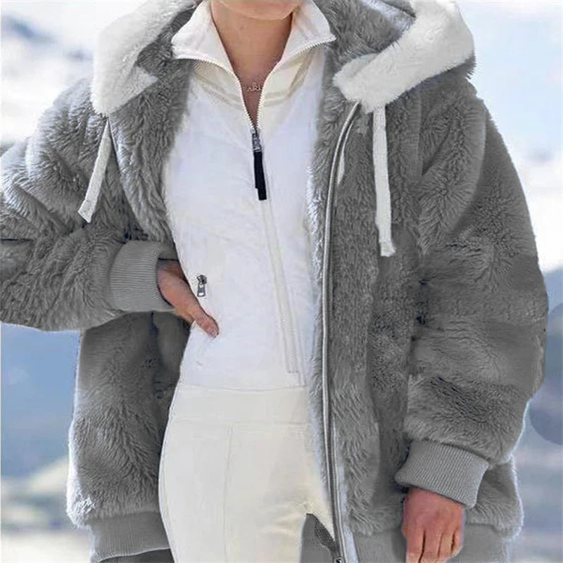 LadyShow women's winter faux fur jacket with hood, plush fleece lining, zipper closure, and casual style for cold weather.