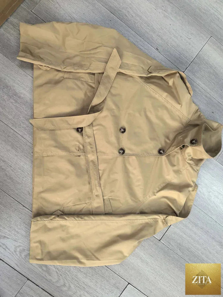 Belted Waist Cropped Trench Jackets Women Double Breasted Stand Collar Coats 2025 Autumn Chic Casual Vintage Jacket Women Cloth