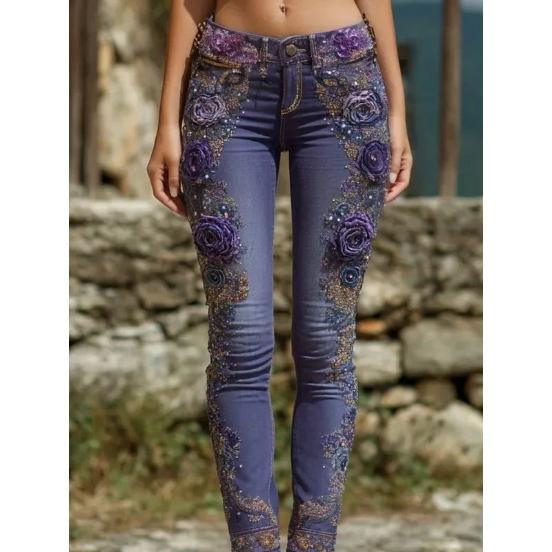 Women's European American Style Floral Print Jeans Straight Leg Casual Denim Pants