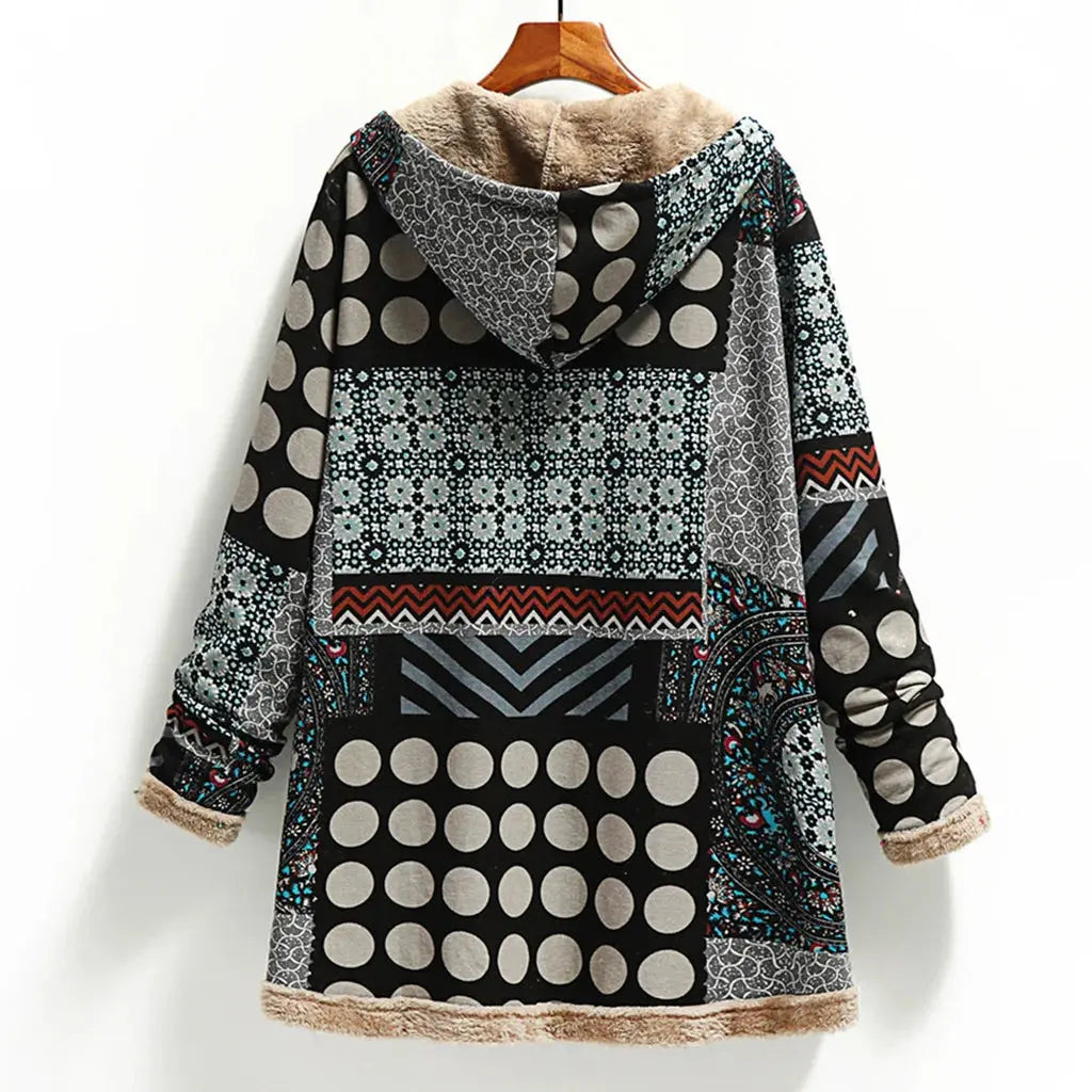 Women's Long Plush Jacket with Cotton and Linen Print Hooded Sweatshirt for Warmth, Winter New Style ZITA LA BELLE ÉLITE