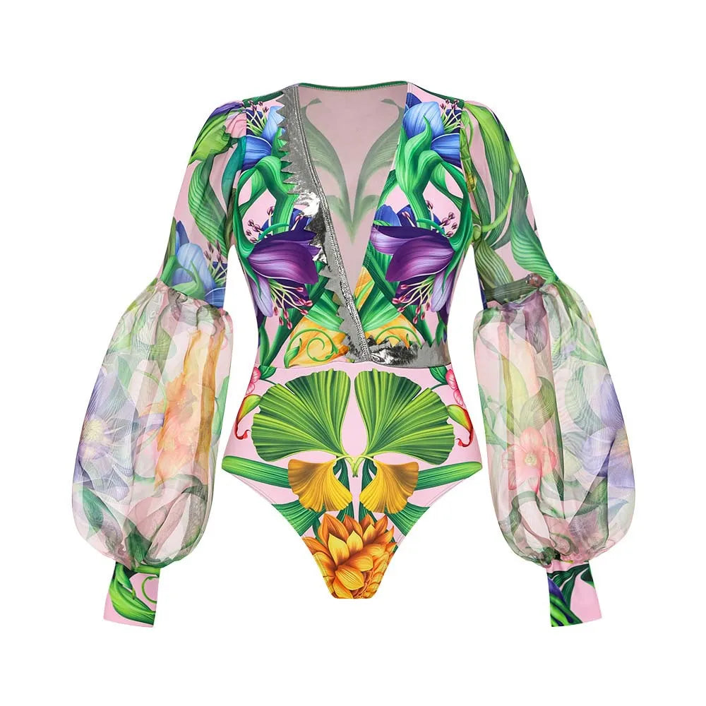 Swimwear 2PC Cover-up Swimsuit Ruffle Printed Deep V One-piece Kimono Bikini Suit