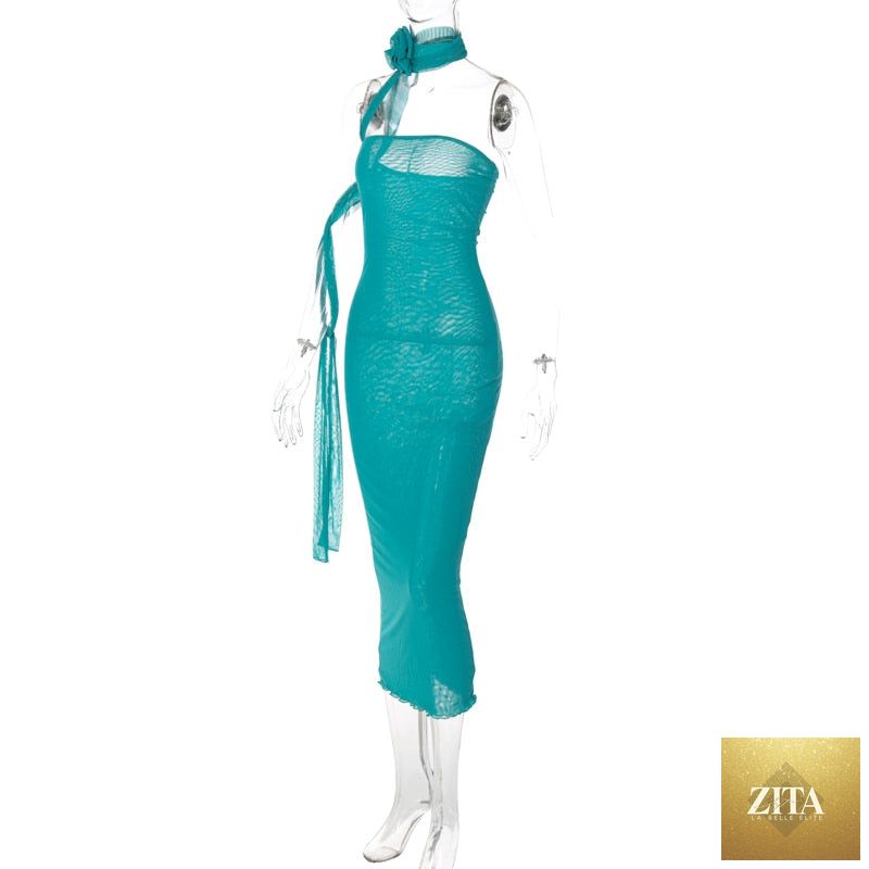 Mesh Flower Scarf Strapless Solid Elegant Sexy Bodycon Midi Prom Dress