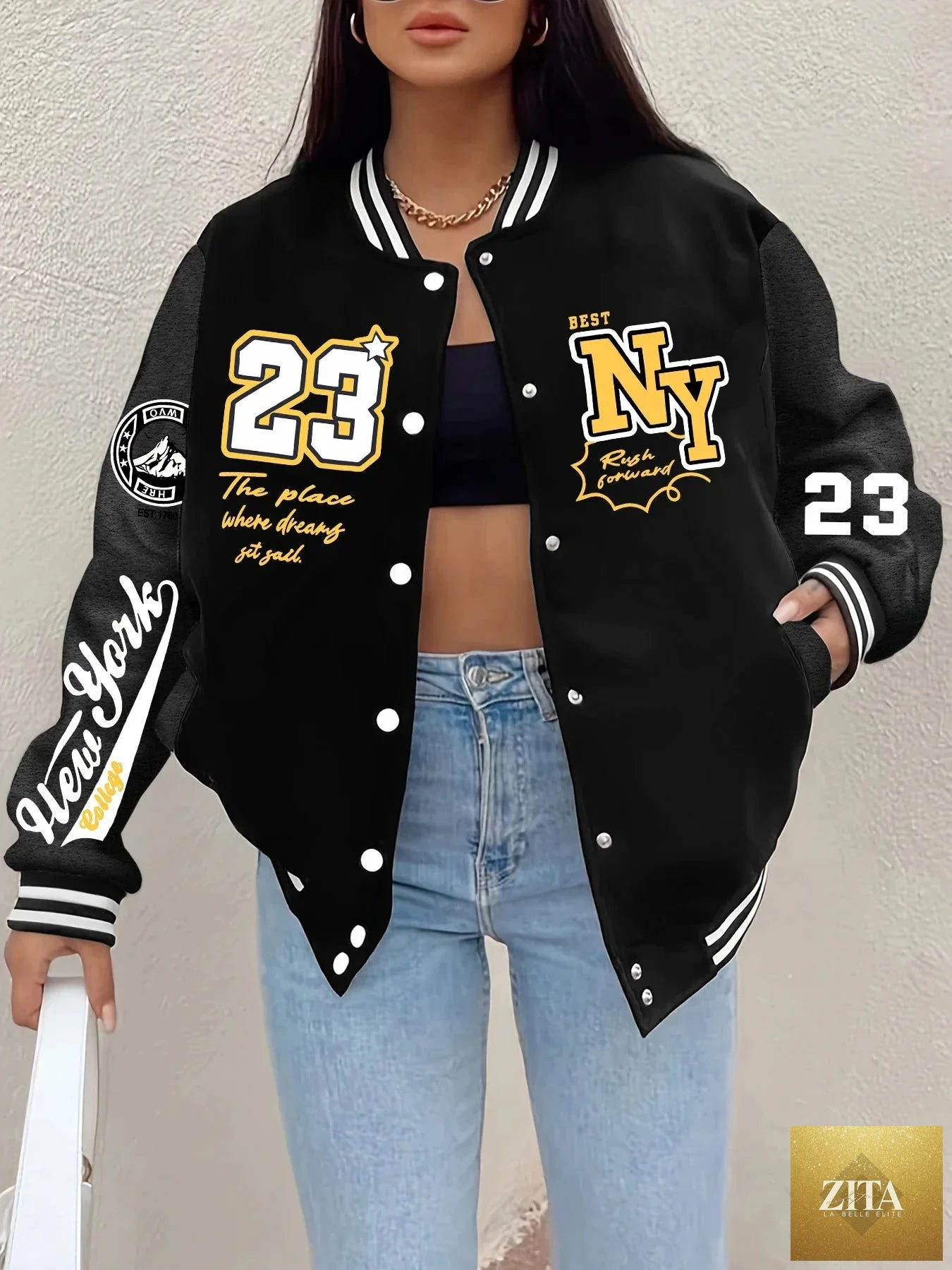 Women's New York "23" letter printed baseball jacket by FitiqueFit, featuring a stylish casual design with bold lettering.