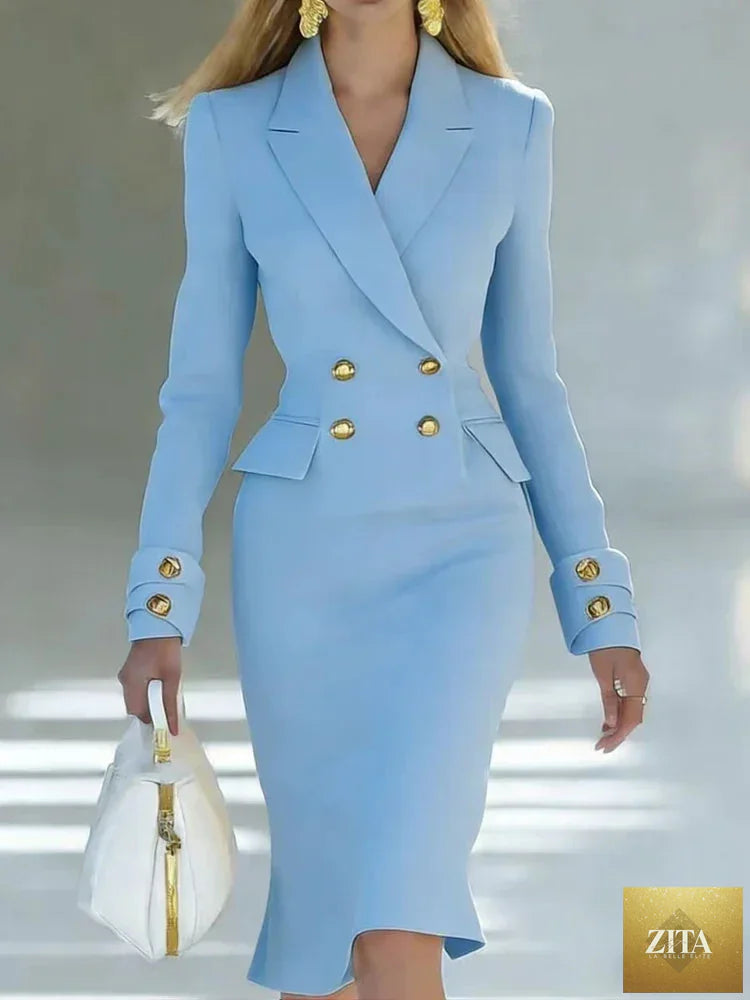 Women’s elegant blazer dress by Nurse Nook Clothes L.LC., double-breasted with long sleeves, suitable for office, business, and formal occasions.
