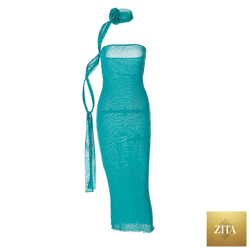 Mesh Flower Scarf Strapless Solid Elegant Sexy Bodycon Midi Prom Dress