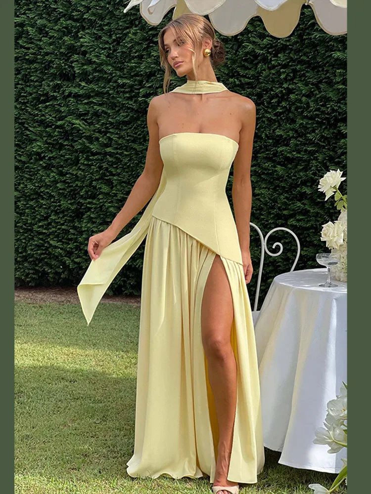 Elegant solid spliced ribbon maxi dress for women, strapless and sleeveless with a slit, perfect for summer holidays and parties.