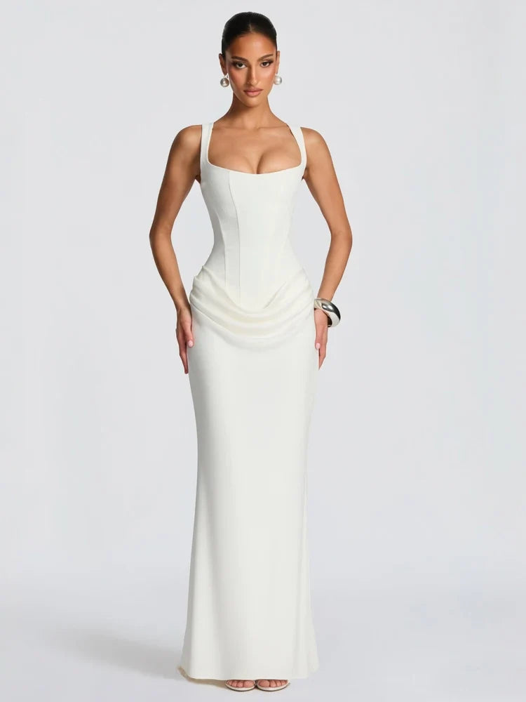 White sexy corset maxi dress by FLIPSTYLEZLLC, elegant long black evening gown with a fitted bodice, perfect for parties and prom.