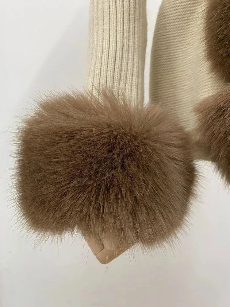 ZADORIN Fall Winter Women Faux Fur Coat Luxury Knitted Sweater Fur Cardigan Detachable Collar White Pink Jacket Faux Fur Coats ZITA LA BELLE ÉLITE